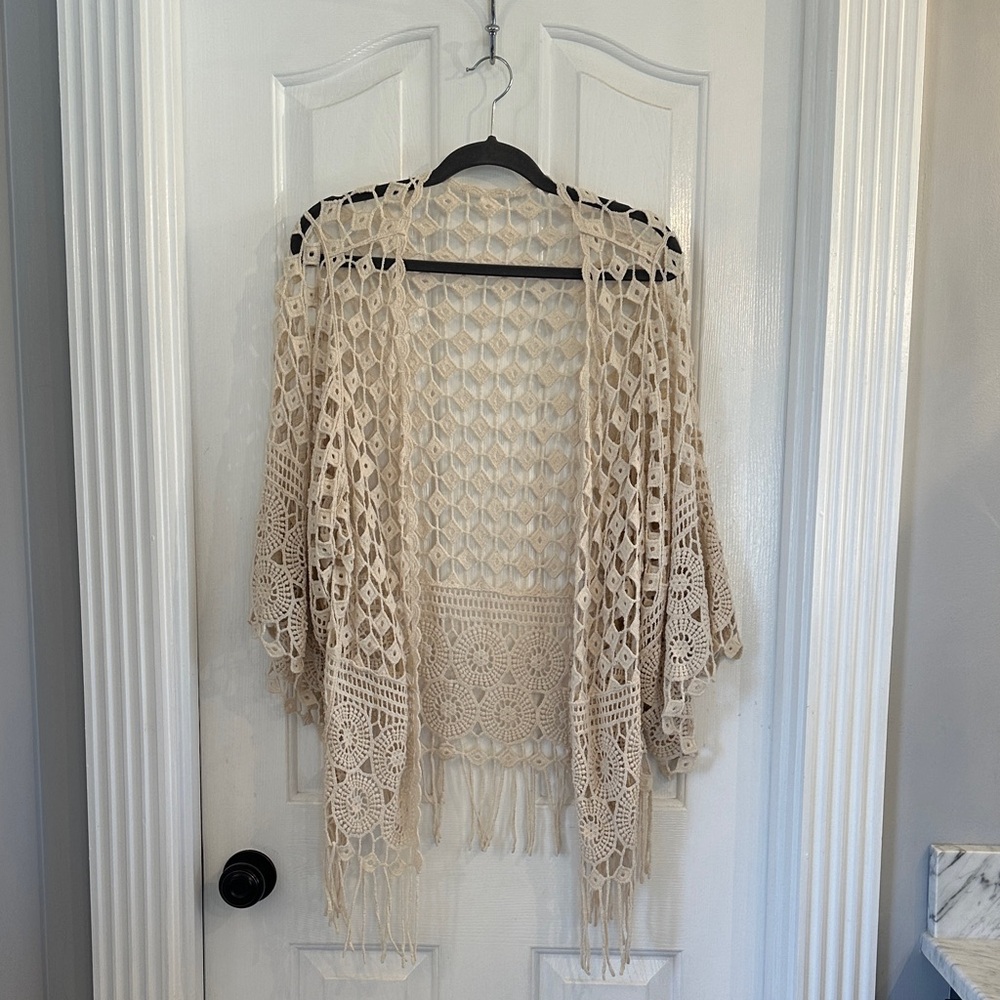 Do Everything in Love Cream Crochet Kimono
